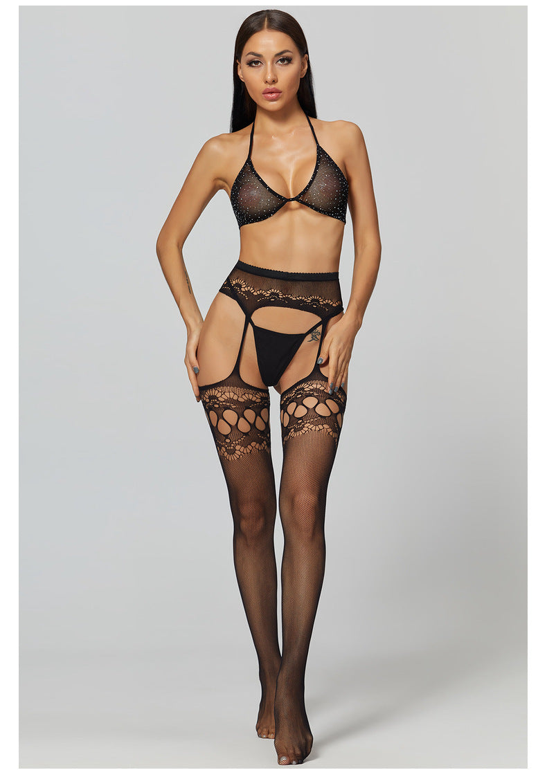 European and American Hot-Selling One-Piece Drop-Shipping Sexy See-Through Hollow Temptation Fishnet Stockings Rhinestone Bra Set 6092