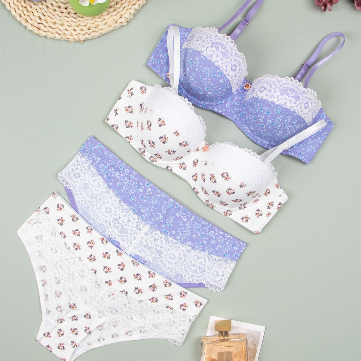 bra European and American Foreign Trade Sexy Lace Lingerie Nylon Printed Breathable Quick-Dry Small Chest Push-Up Women's Bra Set