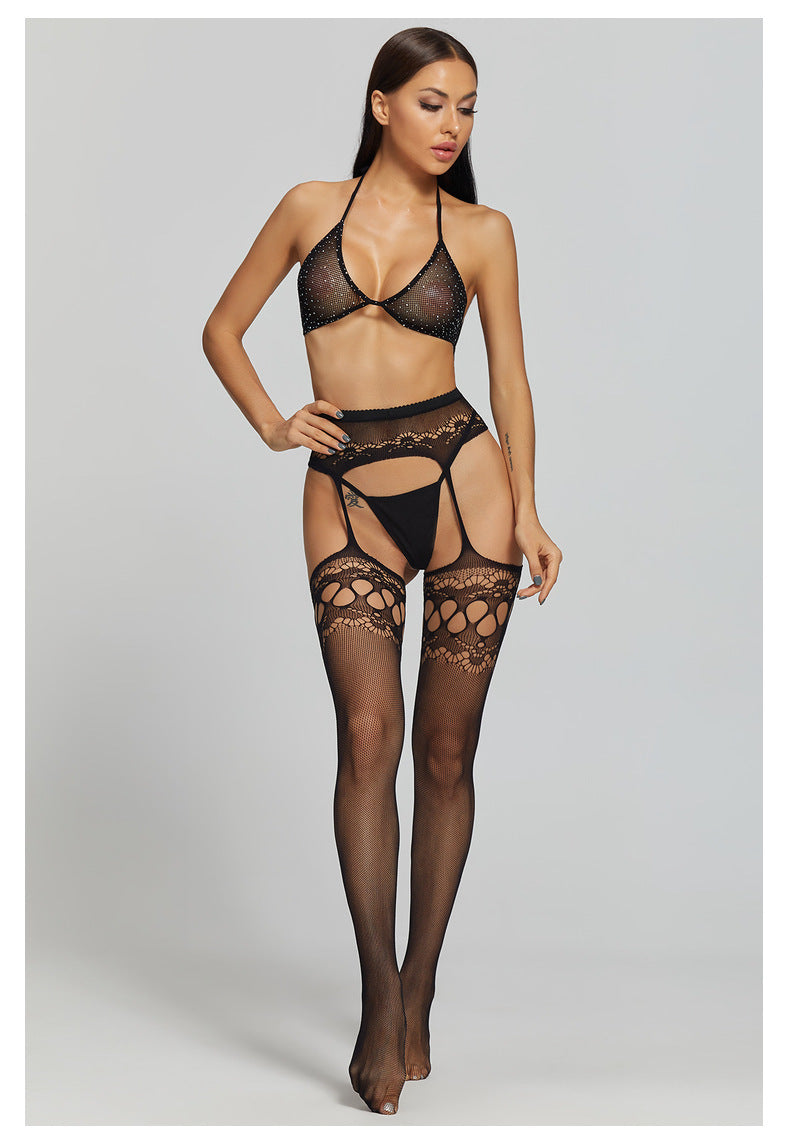 European and American Hot-Selling One-Piece Drop-Shipping Sexy See-Through Hollow Temptation Fishnet Stockings Rhinestone Bra Set 6092