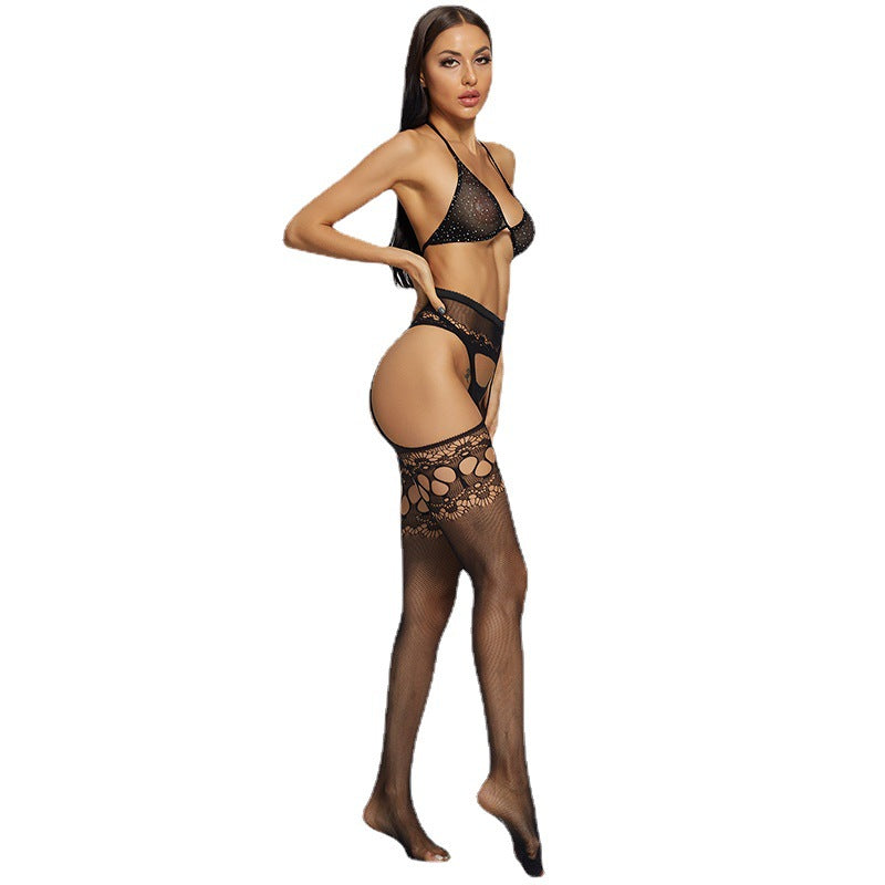 European and American Hot-Selling One-Piece Drop-Shipping Sexy See-Through Hollow Temptation Fishnet Stockings Rhinestone Bra Set 6092
