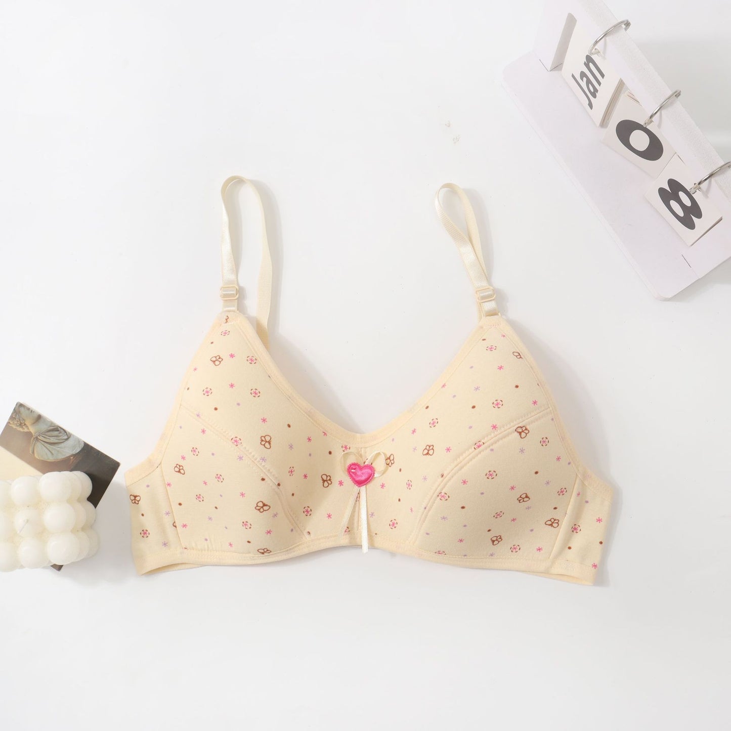 In Stock Girls' Fixed Cup Underwear for Middle School Students, Cotton Cartoon Print Developmental Period Bra for Teenage Girls