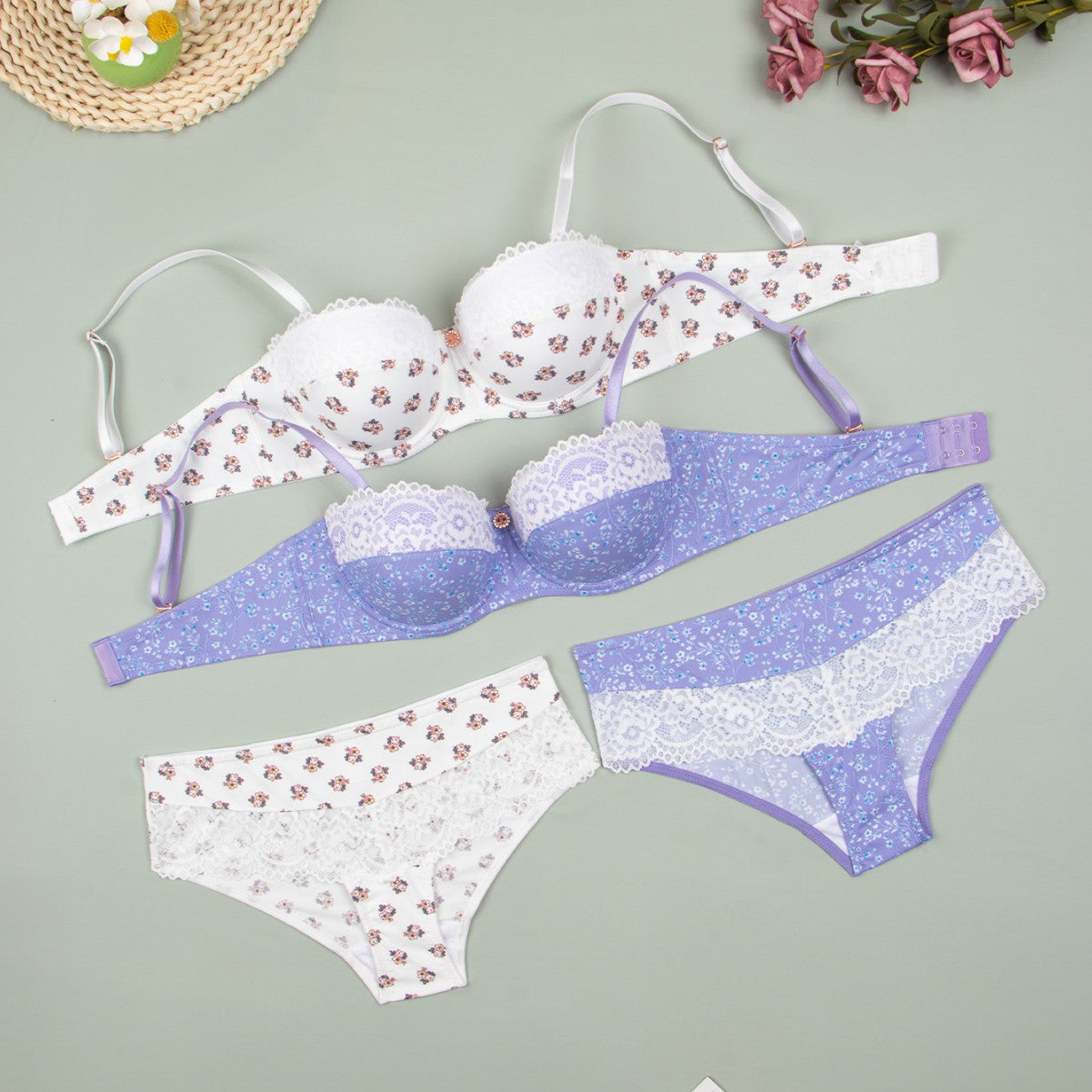bra European and American Foreign Trade Sexy Lace Lingerie Nylon Printed Breathable Quick-Dry Small Chest Push-Up Women's Bra Set