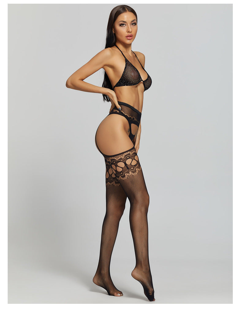 European and American Hot-Selling One-Piece Drop-Shipping Sexy See-Through Hollow Temptation Fishnet Stockings Rhinestone Bra Set 6092