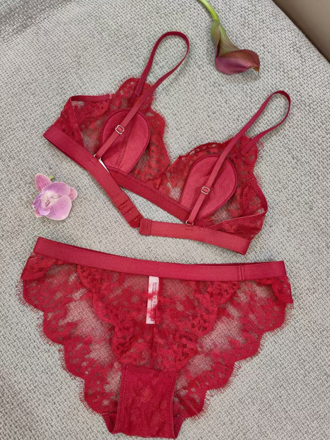 Cross-Border European and American Style Women's French Lingerie Thin Cotton Eyelash Lace Wireless Bra Triangle Cup Sexy Lingerie Set
