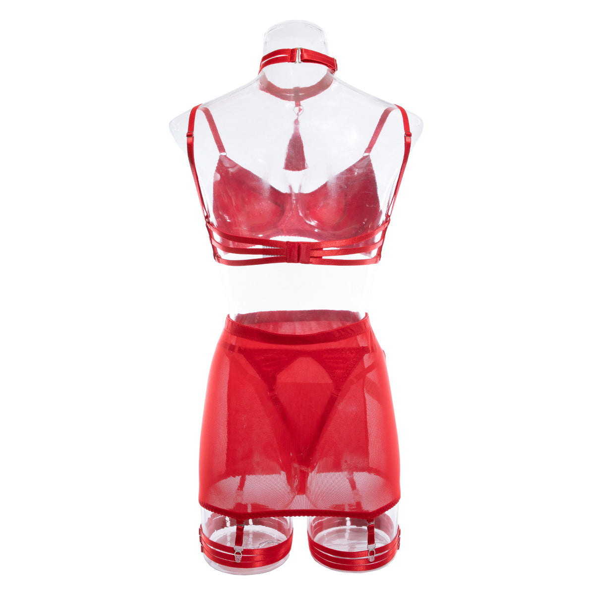 INS  Sexy Lingerie Satin Tassel Sexy Push-Up Hip Lift Big Bust Minimizer Four-Piece Set for Women