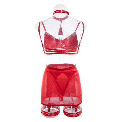 INS  Sexy Lingerie Satin Tassel Sexy Push-Up Hip Lift Big Bust Minimizer Four-Piece Set for Women