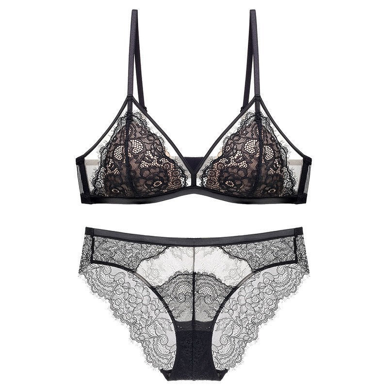 French Lace Push-Up Bra for Women, Large Bust Minimizer, Ultra-Thin, Wireless, Fixed Cup, Sexy Pure Desire Bra Set