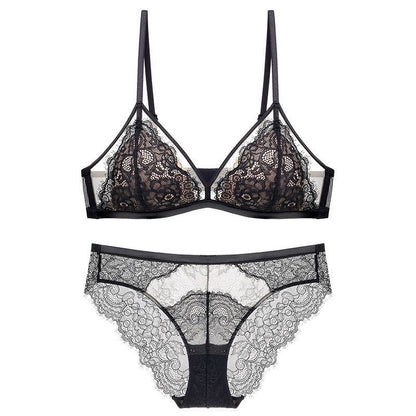 French Lace Push-Up Bra for Women, Large Bust Minimizer, Ultra-Thin, Wireless, Fixed Cup, Sexy Pure Desire Bra Set
