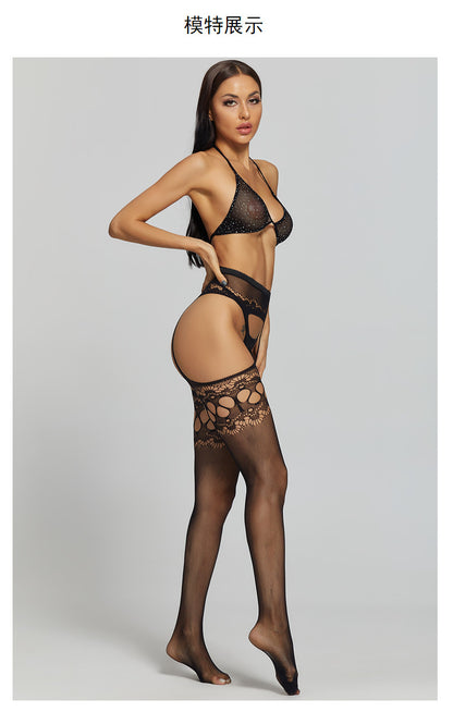 European and American Hot-Selling One-Piece Drop-Shipping Sexy See-Through Hollow Temptation Fishnet Stockings Rhinestone Bra Set 6092