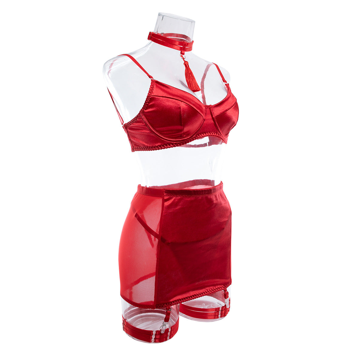 INS  Sexy Lingerie Satin Tassel Sexy Push-Up Hip Lift Big Bust Minimizer Four-Piece Set for Women