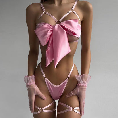 Lingerie New Style Sexy Lingerie Exquisite Bowknot Hollow Sexy Three-Piece Set with Underwire