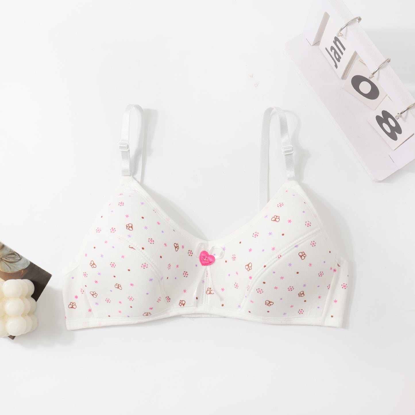In Stock Girls' Fixed Cup Underwear for Middle School Students, Cotton Cartoon Print Developmental Period Bra for Teenage Girls