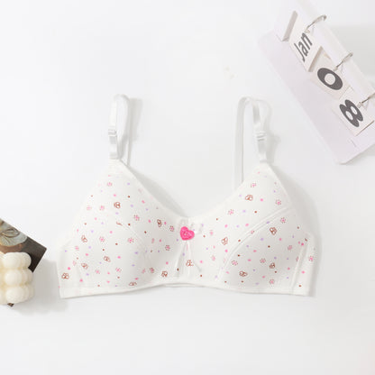 In Stock Girls' Fixed Cup Underwear for Middle School Students, Cotton Cartoon Print Developmental Period Bra for Teenage Girls