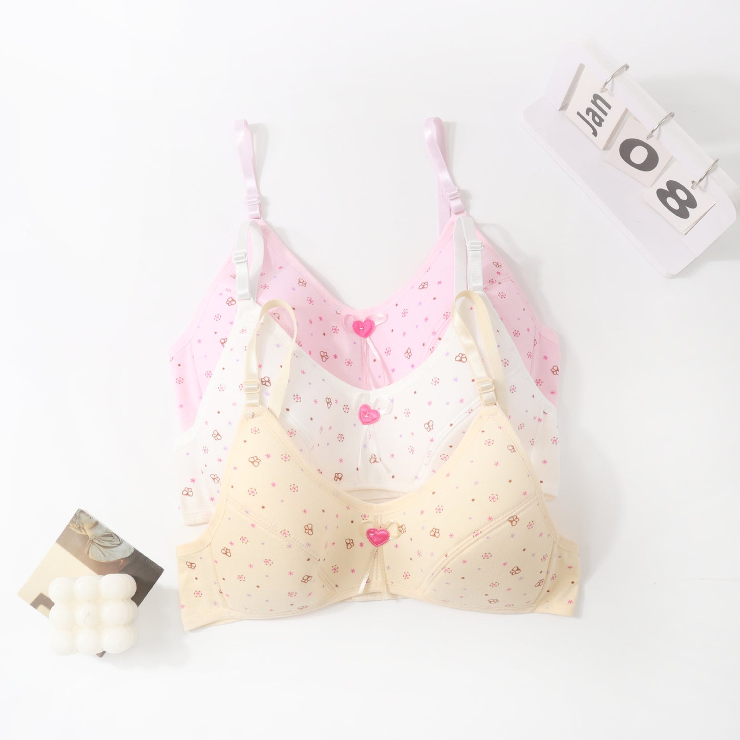 In Stock Girls' Fixed Cup Underwear for Middle School Students, Cotton Cartoon Print Developmental Period Bra for Teenage Girls