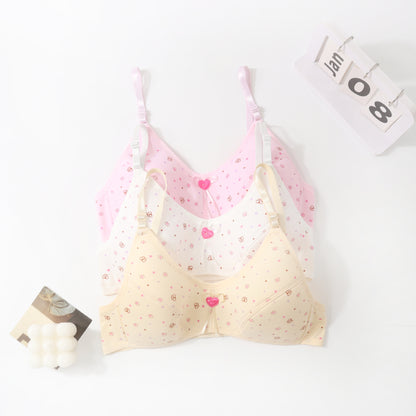 In Stock Girls' Fixed Cup Underwear for Middle School Students, Cotton Cartoon Print Developmental Period Bra for Teenage Girls