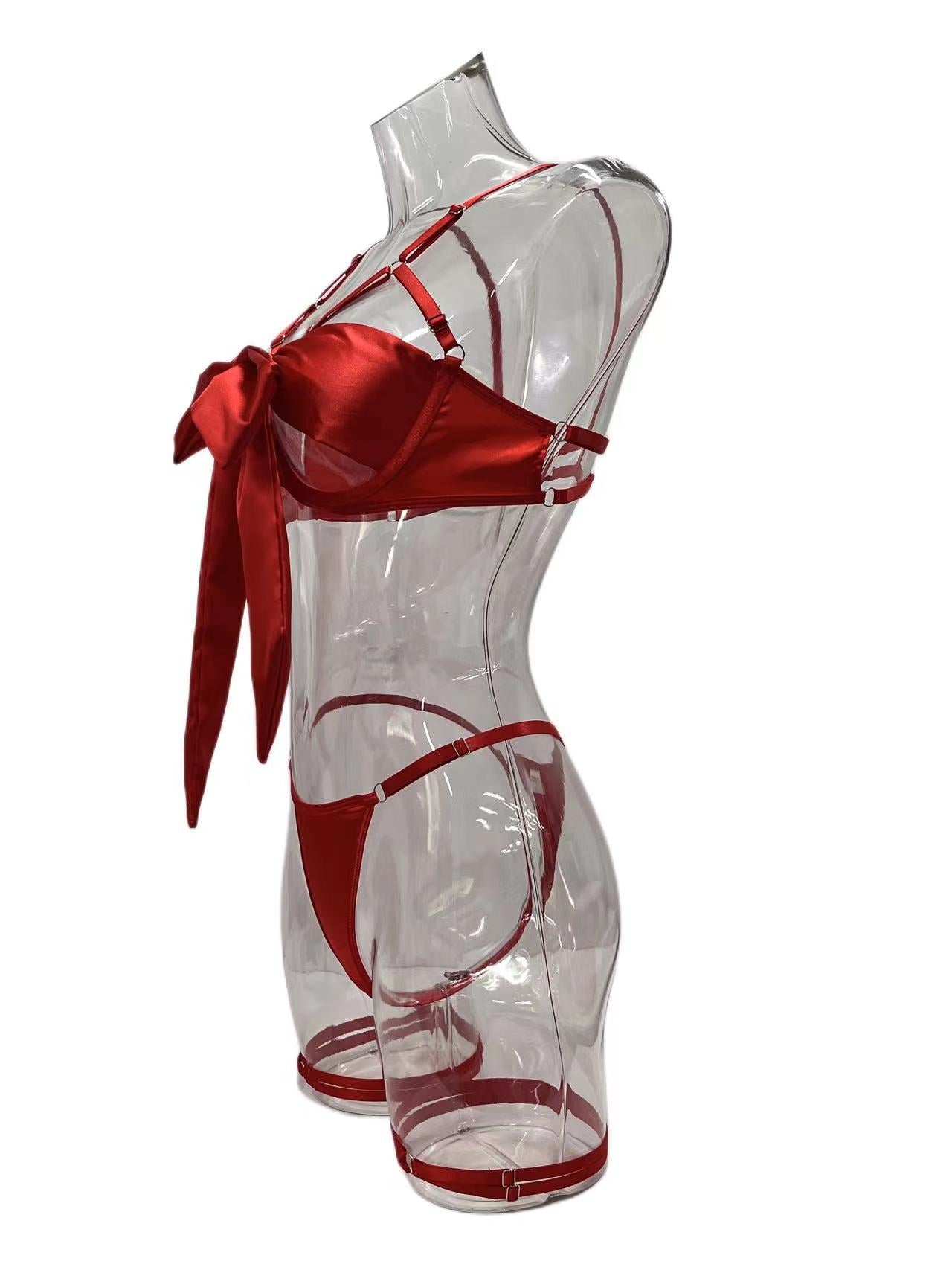Lingerie New Style Sexy Lingerie Exquisite Bowknot Hollow Sexy Three-Piece Set with Underwire
