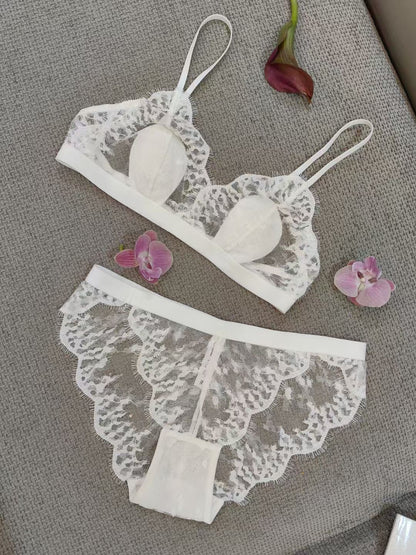 Cross-Border European and American Style Women's French Lingerie Thin Cotton Eyelash Lace Wireless Bra Triangle Cup Sexy Lingerie Set