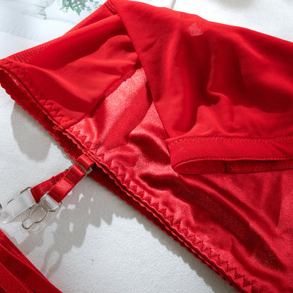 INS  Sexy Lingerie Satin Tassel Sexy Push-Up Hip Lift Big Bust Minimizer Four-Piece Set for Women