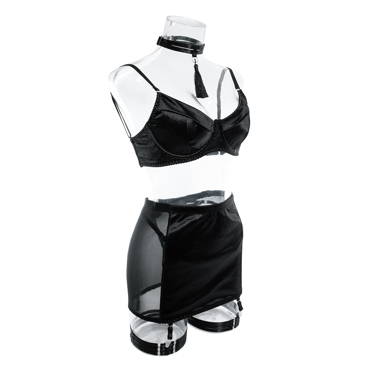 INS  Sexy Lingerie Satin Tassel Sexy Push-Up Hip Lift Big Bust Minimizer Four-Piece Set for Women
