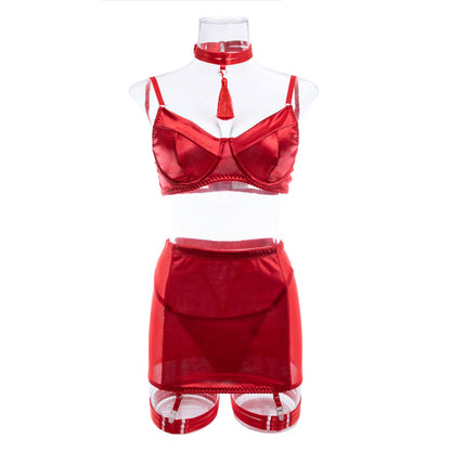INS  Sexy Lingerie Satin Tassel Sexy Push-Up Hip Lift Big Bust Minimizer Four-Piece Set for Women