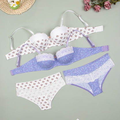 bra European and American Foreign Trade Sexy Lace Lingerie Nylon Printed Breathable Quick-Dry Small Chest Push-Up Women's Bra Set