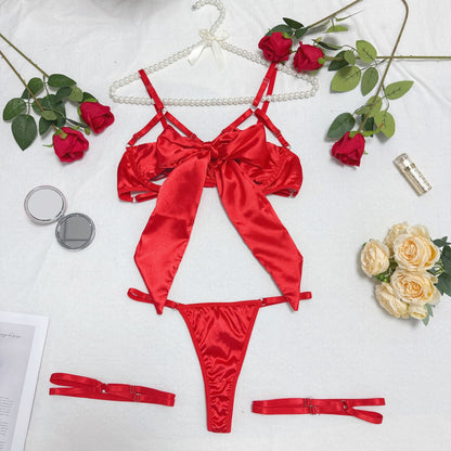 Lingerie New Style Sexy Lingerie Exquisite Bowknot Hollow Sexy Three-Piece Set with Underwire