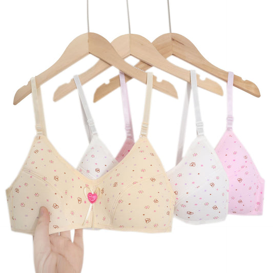 In Stock Girls' Fixed Cup Underwear for Middle School Students, Cotton Cartoon Print Developmental Period Bra for Teenage Girls
