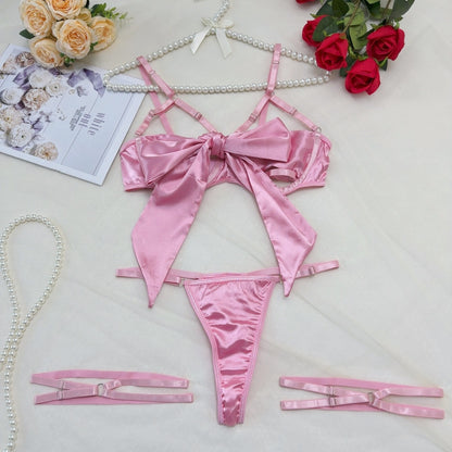 Lingerie New Style Sexy Lingerie Exquisite Bowknot Hollow Sexy Three-Piece Set with Underwire