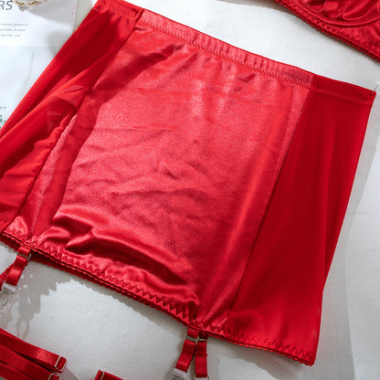 INS  Sexy Lingerie Satin Tassel Sexy Push-Up Hip Lift Big Bust Minimizer Four-Piece Set for Women