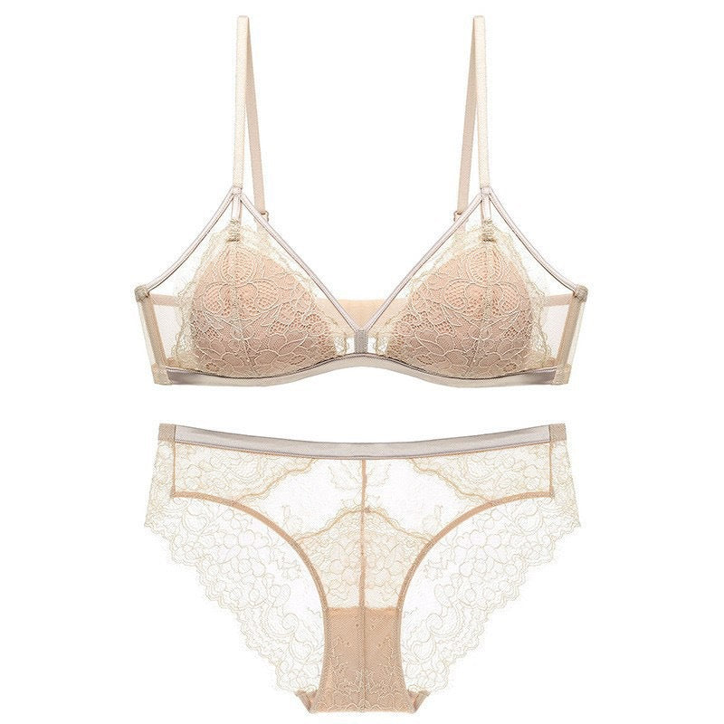 French Lace Push-Up Bra for Women, Large Bust Minimizer, Ultra-Thin, Wireless, Fixed Cup, Sexy Pure Desire Bra Set