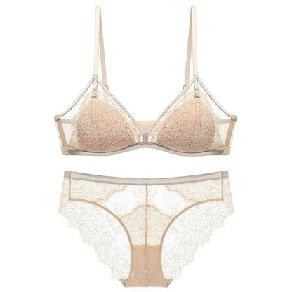French Lace Push-Up Bra for Women, Large Bust Minimizer, Ultra-Thin, Wireless, Fixed Cup, Sexy Pure Desire Bra Set
