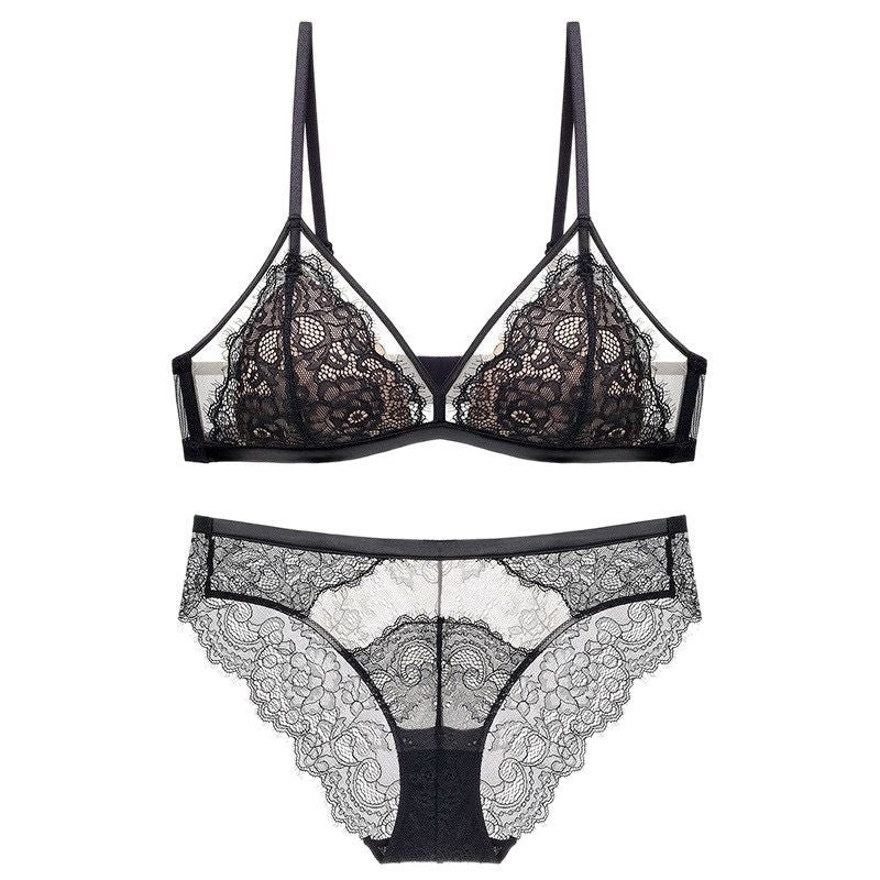 French Lace Push-Up Bra for Women, Large Bust Minimizer, Ultra-Thin, Wireless, Fixed Cup, Sexy Pure Desire Bra Set