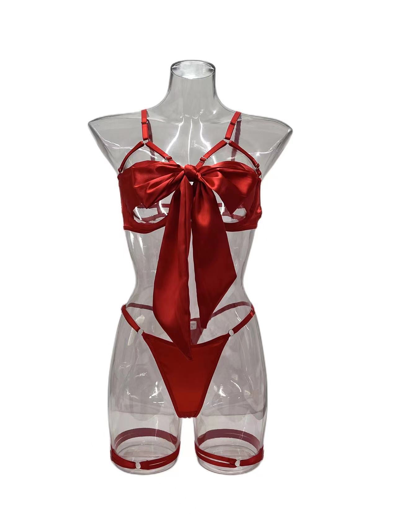 Lingerie New Style Sexy Lingerie Exquisite Bowknot Hollow Sexy Three-Piece Set with Underwire