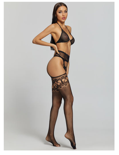 European and American Hot-Selling One-Piece Drop-Shipping Sexy See-Through Hollow Temptation Fishnet Stockings Rhinestone Bra Set 6092