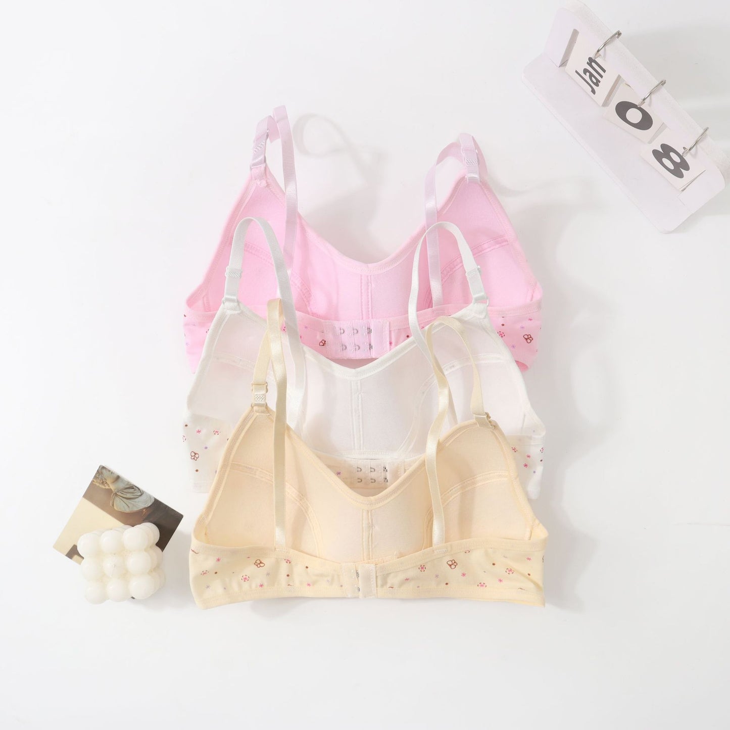 In Stock Girls' Fixed Cup Underwear for Middle School Students, Cotton Cartoon Print Developmental Period Bra for Teenage Girls