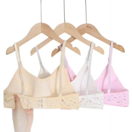 In Stock Girls' Fixed Cup Underwear for Middle School Students, Cotton Cartoon Print Developmental Period Bra for Teenage Girls