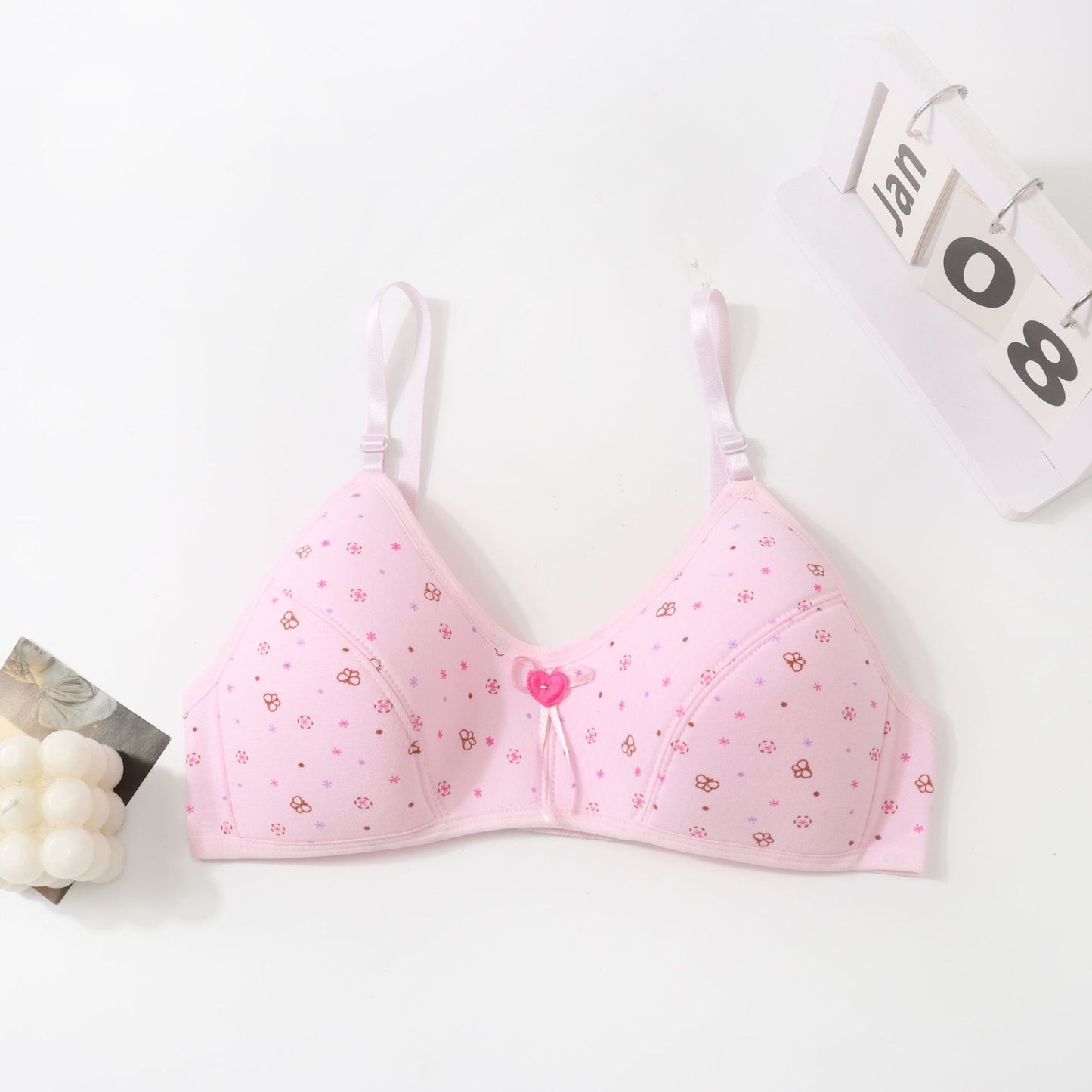 In Stock Girls' Fixed Cup Underwear for Middle School Students, Cotton Cartoon Print Developmental Period Bra for Teenage Girls