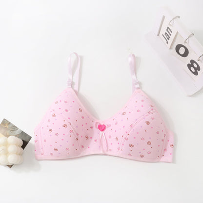 In Stock Girls' Fixed Cup Underwear for Middle School Students, Cotton Cartoon Print Developmental Period Bra for Teenage Girls