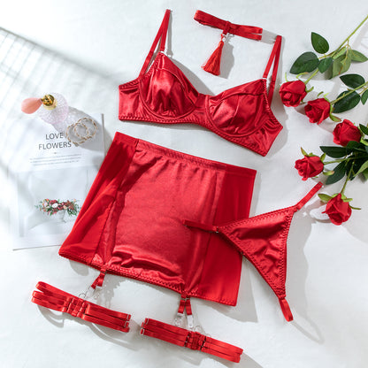 INS  Sexy Lingerie Satin Tassel Sexy Push-Up Hip Lift Big Bust Minimizer Four-Piece Set for Women