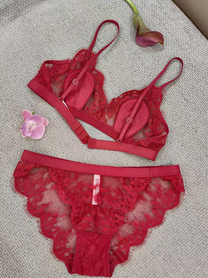 Cross-Border European and American Style Women's French Lingerie Thin Cotton Eyelash Lace Wireless Bra Triangle Cup Sexy Lingerie Set