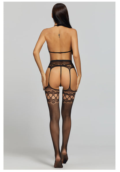 European and American Hot-Selling One-Piece Drop-Shipping Sexy See-Through Hollow Temptation Fishnet Stockings Rhinestone Bra Set 6092